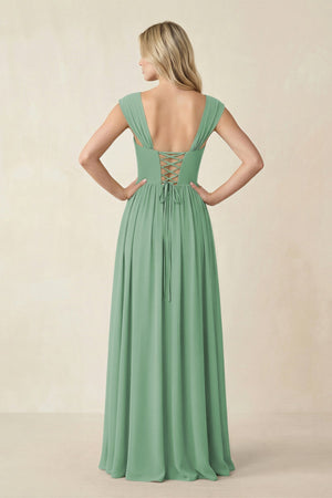 Cap Sleeve Corset A - Line Chiffon Bridesmaid Dress in Sea Glass - KissProm Bridesmaid Dresses