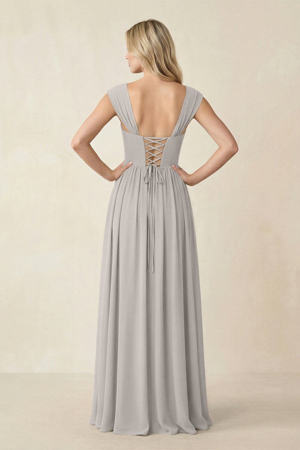 Cap Sleeve Corset A - Line Chiffon Bridesmaid Dress in Silver - KissProm Bridesmaid Dresses