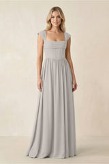 Cap Sleeve Corset A - Line Chiffon Bridesmaid Dress in Silver - KissProm Bridesmaid Dresses