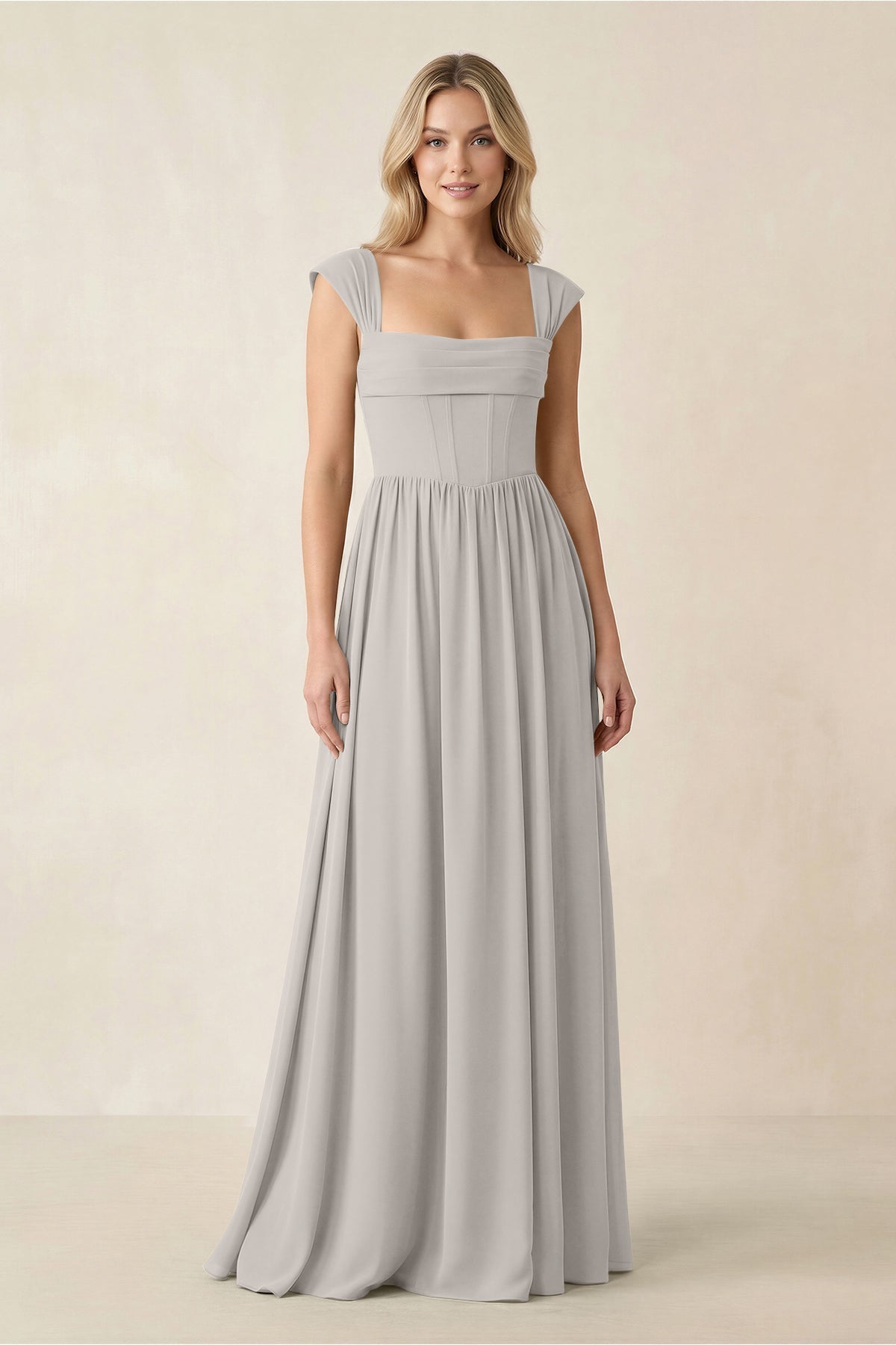 KissProm Cap Sleeve Corset A-Line Chiffon Bridesmaid Dress in Silver, Silver / 6