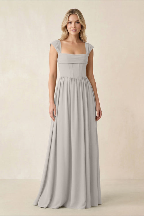 Cap Sleeve Corset A - Line Chiffon Bridesmaid Dress in Silver - KissProm Bridesmaid Dresses