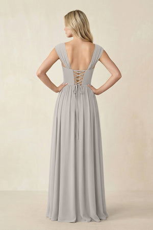 Cap Sleeve Corset A - Line Chiffon Bridesmaid Dress in Silver - KissProm Bridesmaid Dresses