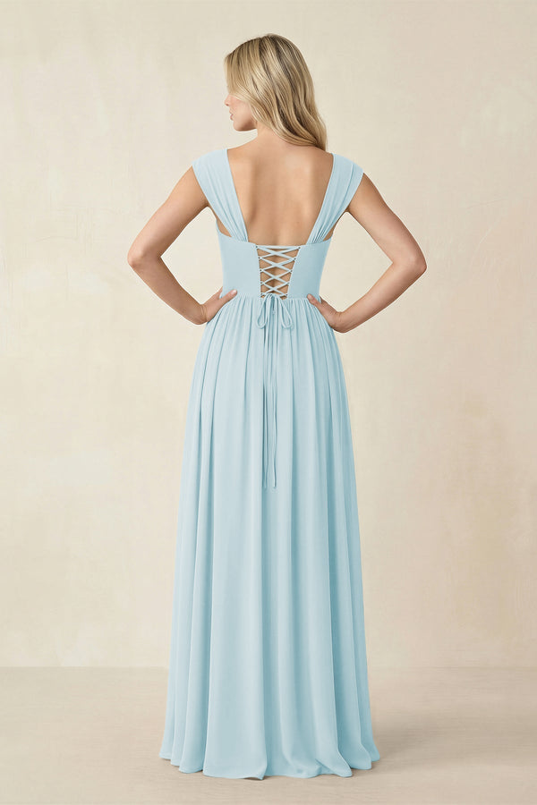 Cap Sleeve Corset A - Line Chiffon Bridesmaid Dress in Sky Blue - KissProm Bridesmaid Dresses