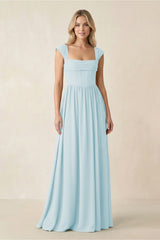 Cap Sleeve Corset A - Line Chiffon Bridesmaid Dress in Sky Blue - KissProm Bridesmaid Dresses