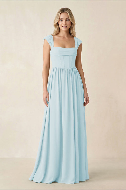 Cap Sleeve Corset A - Line Chiffon Bridesmaid Dress in Sky Blue - KissProm Bridesmaid Dresses