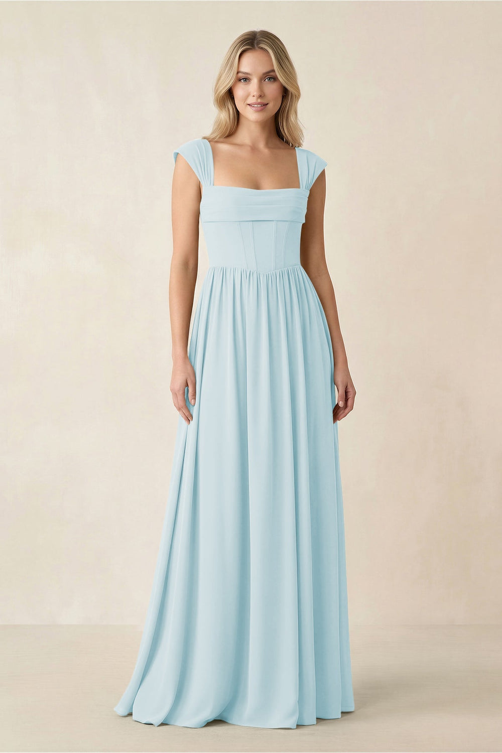Cap Sleeve Corset A - Line Chiffon Bridesmaid Dress in Sky Blue - KissProm Bridesmaid Dresses