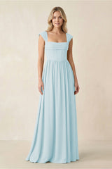 Cap Sleeve Corset A - Line Chiffon Bridesmaid Dress in Sky Blue - KissProm Bridesmaid Dresses