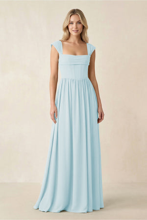 Cap Sleeve Corset A - Line Chiffon Bridesmaid Dress in Sky Blue - KissProm Bridesmaid Dresses