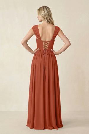 Cap Sleeve Corset A - Line Chiffon Bridesmaid Dress in Spice - KissProm Bridesmaid Dresses