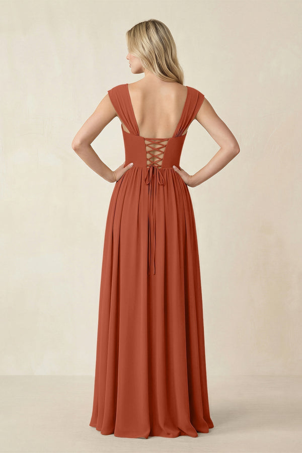 Cap Sleeve Corset A - Line Chiffon Bridesmaid Dress in Spice - KissProm Bridesmaid Dresses