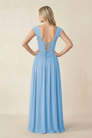 Cap Sleeve Corset A - Line Chiffon Bridesmaid Dress in Steel Blue - KissProm Bridesmaid Dresses