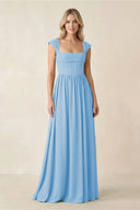 Cap Sleeve Corset A - Line Chiffon Bridesmaid Dress in Steel Blue - KissProm Bridesmaid Dresses