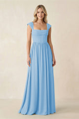 Cap Sleeve Corset A - Line Chiffon Bridesmaid Dress in Steel Blue - KissProm Bridesmaid Dresses