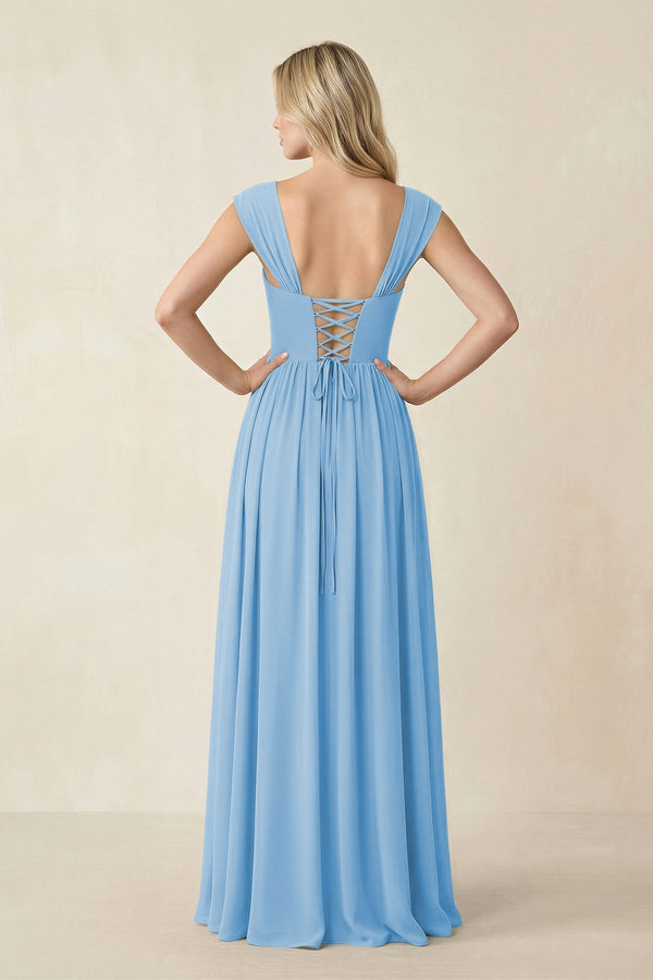 Cap Sleeve Corset A - Line Chiffon Bridesmaid Dress in Steel Blue - KissProm Bridesmaid Dresses