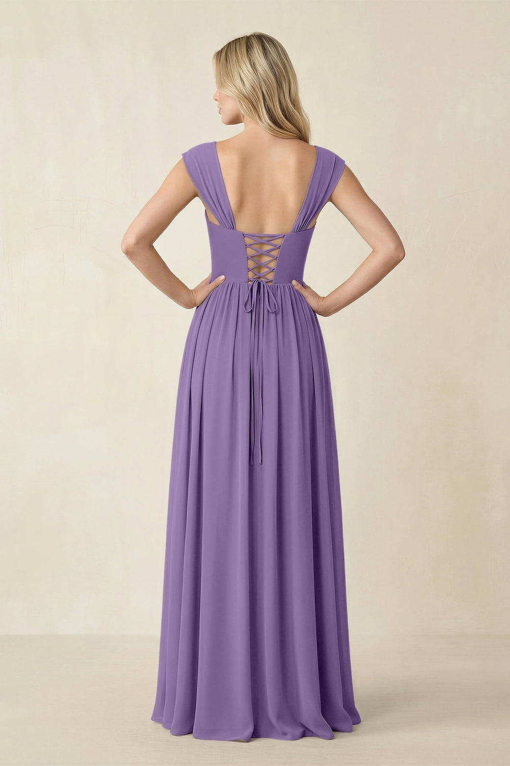 Cap Sleeve Corset A - Line Chiffon Bridesmaid Dress in Tahiti - KissProm Bridesmaid Dresses