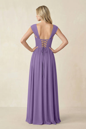 Cap Sleeve Corset A - Line Chiffon Bridesmaid Dress in Tahiti - KissProm Bridesmaid Dresses