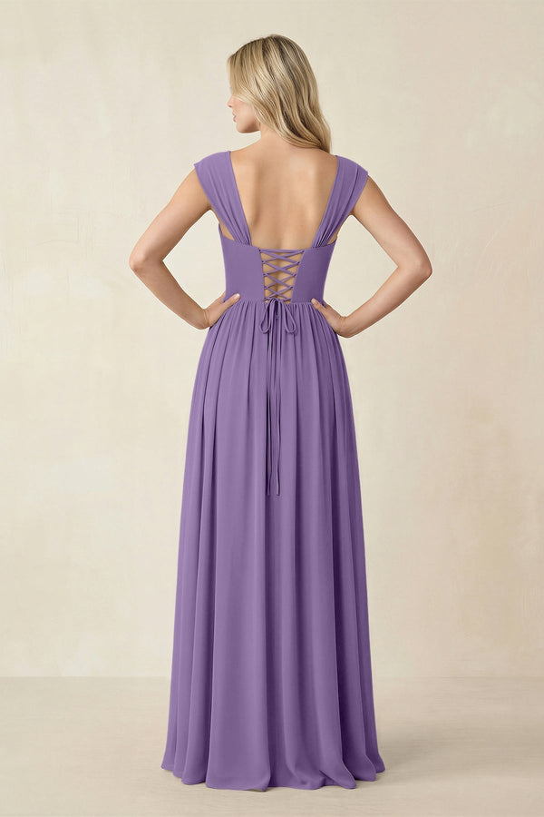 Cap Sleeve Corset A - Line Chiffon Bridesmaid Dress in Tahiti - KissProm Bridesmaid Dresses