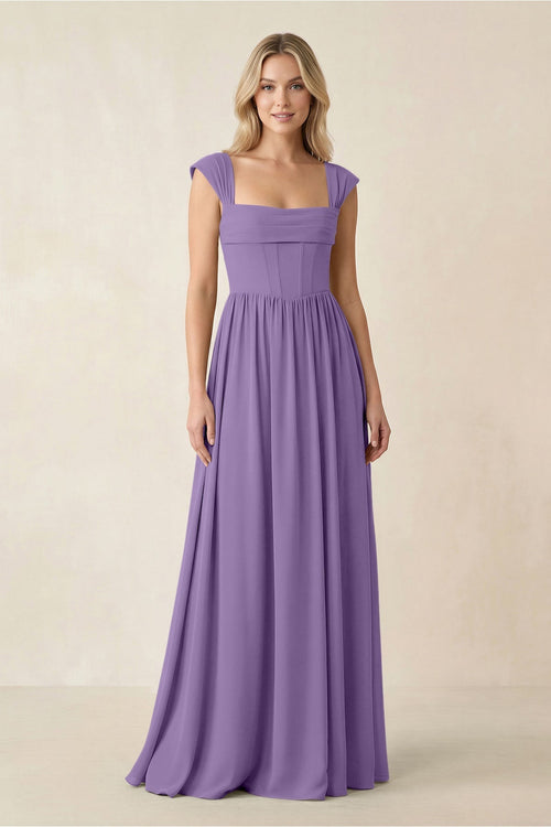Cap Sleeve Corset A - Line Chiffon Bridesmaid Dress in Tahiti - KissProm Bridesmaid Dresses