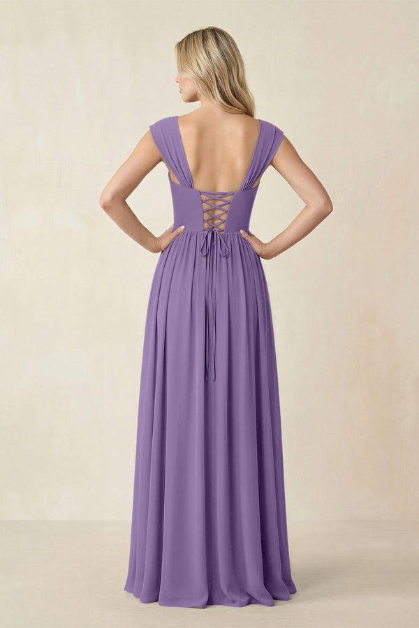 Cap Sleeve Corset A - Line Chiffon Bridesmaid Dress in Tahiti - KissProm Bridesmaid Dresses