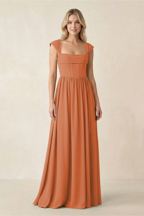 Cap Sleeve Corset A - Line Chiffon Bridesmaid Dress in Terracotta - KissProm Bridesmaid Dresses