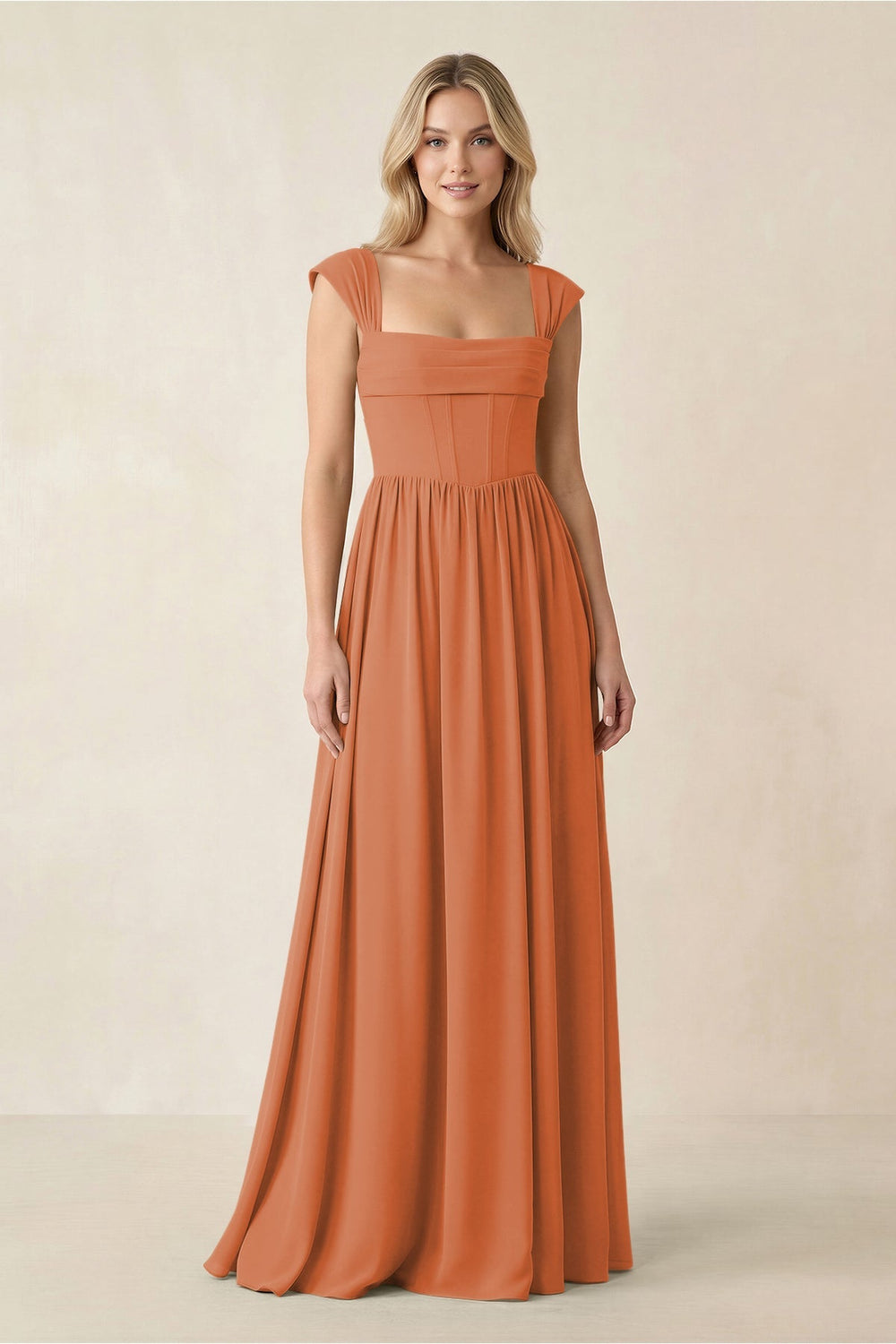 Cap Sleeve Corset A - Line Chiffon Bridesmaid Dress in Terracotta - KissProm Bridesmaid Dresses