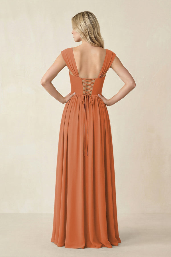 Cap Sleeve Corset A - Line Chiffon Bridesmaid Dress in Terracotta - KissProm Bridesmaid Dresses