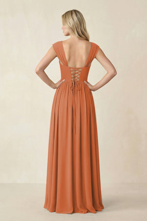 Cap Sleeve Corset A - Line Chiffon Bridesmaid Dress in Terracotta - KissProm Bridesmaid Dresses