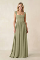Cap Sleeve Corset A - Line Chiffon Bridesmaid Dress in Thyme - KissProm Bridesmaid Dresses
