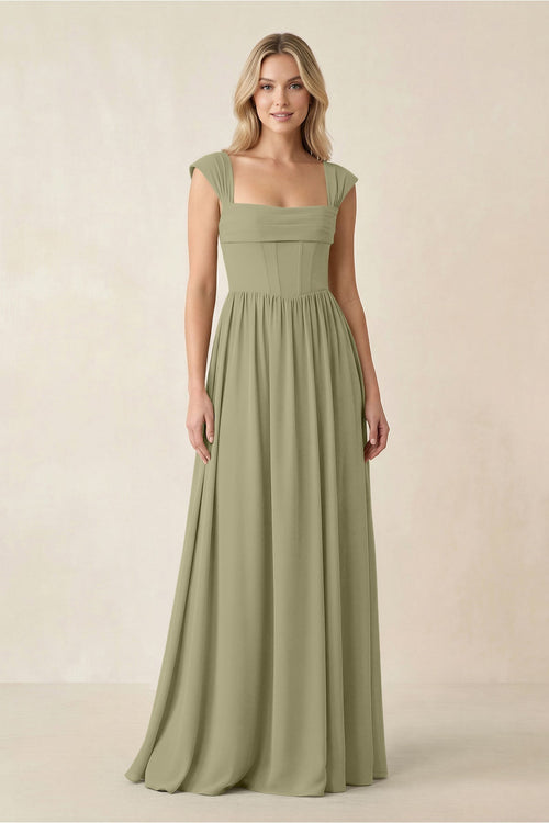Cap Sleeve Corset A - Line Chiffon Bridesmaid Dress in Thyme - KissProm Bridesmaid Dresses