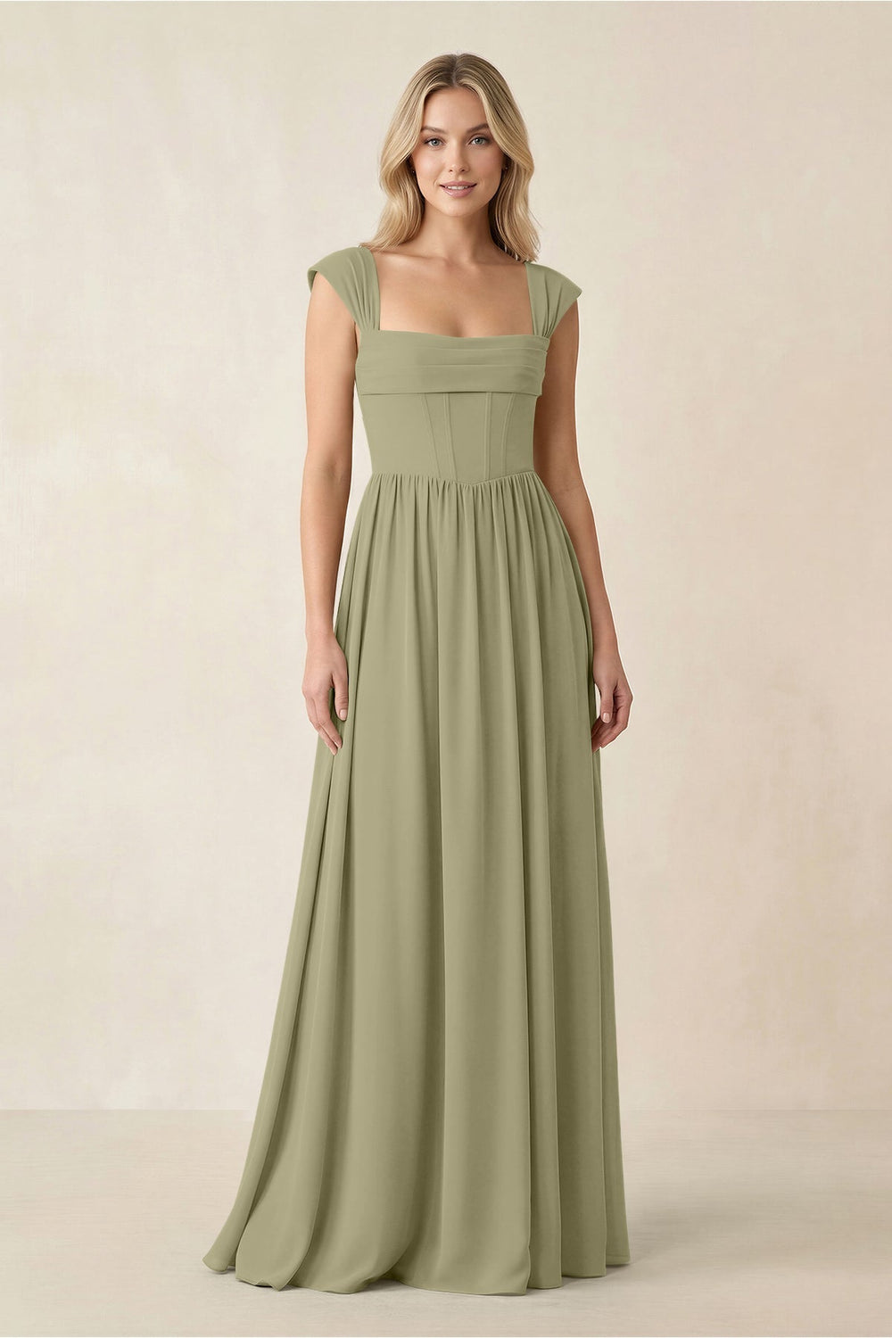 Cap Sleeve Corset A - Line Chiffon Bridesmaid Dress in Thyme - KissProm Bridesmaid Dresses