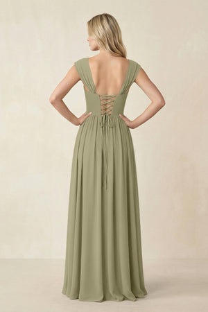Cap Sleeve Corset A - Line Chiffon Bridesmaid Dress in Thyme - KissProm Bridesmaid Dresses