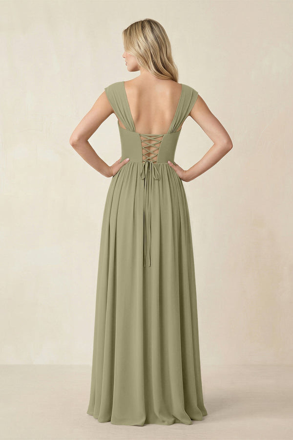 Cap Sleeve Corset A - Line Chiffon Bridesmaid Dress in Thyme - KissProm Bridesmaid Dresses