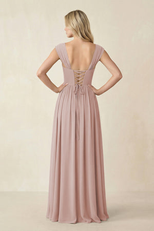Cap Sleeve Corset A - Line Chiffon Bridesmaid Dress in Toffee - KissProm Bridesmaid Dresses