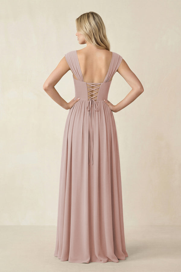 Cap Sleeve Corset A - Line Chiffon Bridesmaid Dress in Toffee - KissProm Bridesmaid Dresses