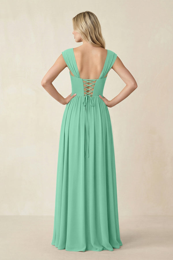 Cap Sleeve Corset A - Line Chiffon Bridesmaid Dress in Turquoise - KissProm Bridesmaid Dresses