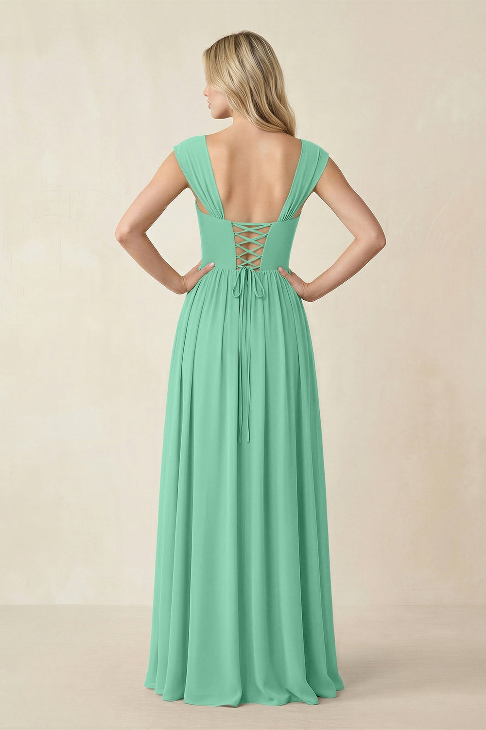 Cap Sleeve Corset A - Line Chiffon Bridesmaid Dress in Turquoise - KissProm Bridesmaid Dresses
