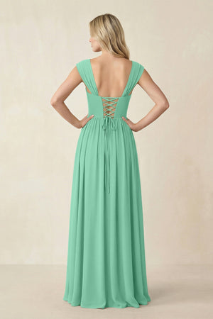 Cap Sleeve Corset A - Line Chiffon Bridesmaid Dress in Turquoise - KissProm Bridesmaid Dresses