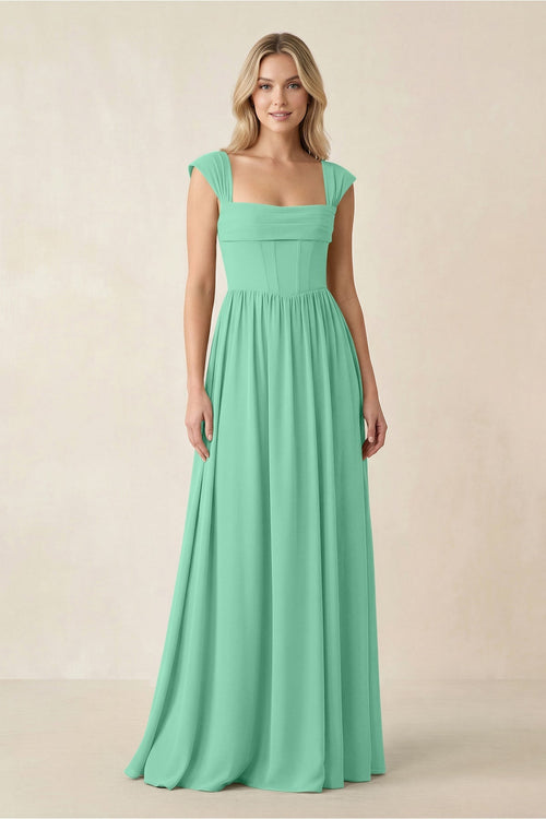 Cap Sleeve Corset A - Line Chiffon Bridesmaid Dress in Turquoise - KissProm Bridesmaid Dresses