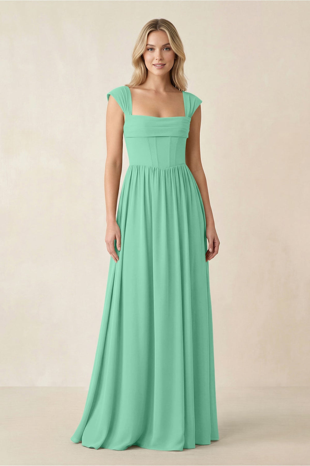 Cap Sleeve Corset A - Line Chiffon Bridesmaid Dress in Turquoise - KissProm Bridesmaid Dresses