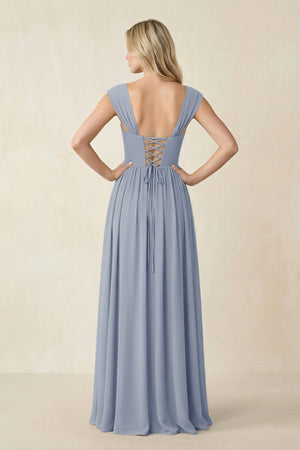 Cap Sleeve Corset A - Line Chiffon Bridesmaid Dress in Twilight - KissProm Bridesmaid Dresses