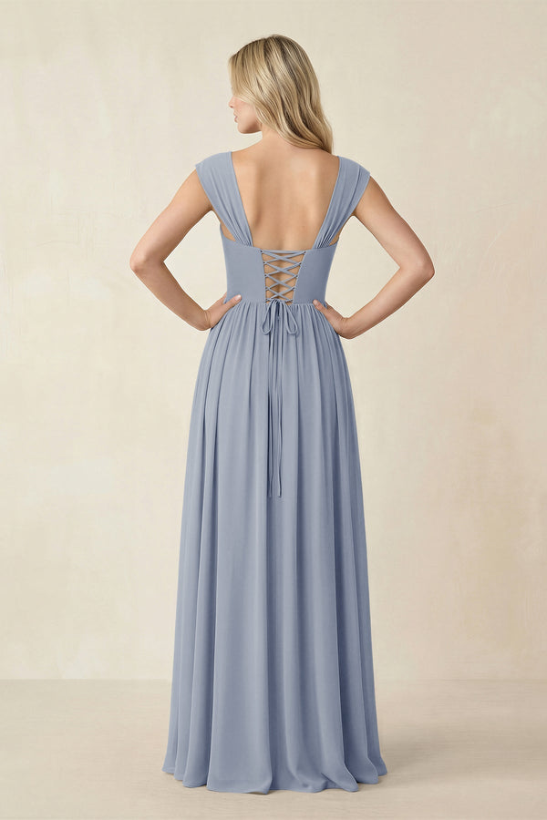 Cap Sleeve Corset A - Line Chiffon Bridesmaid Dress in Twilight - KissProm Bridesmaid Dresses