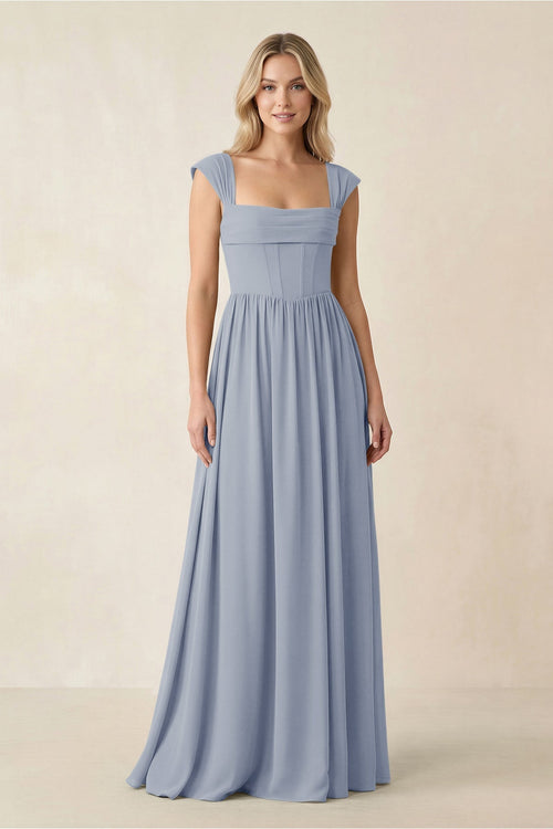 Cap Sleeve Corset A - Line Chiffon Bridesmaid Dress in Twilight - KissProm Bridesmaid Dresses