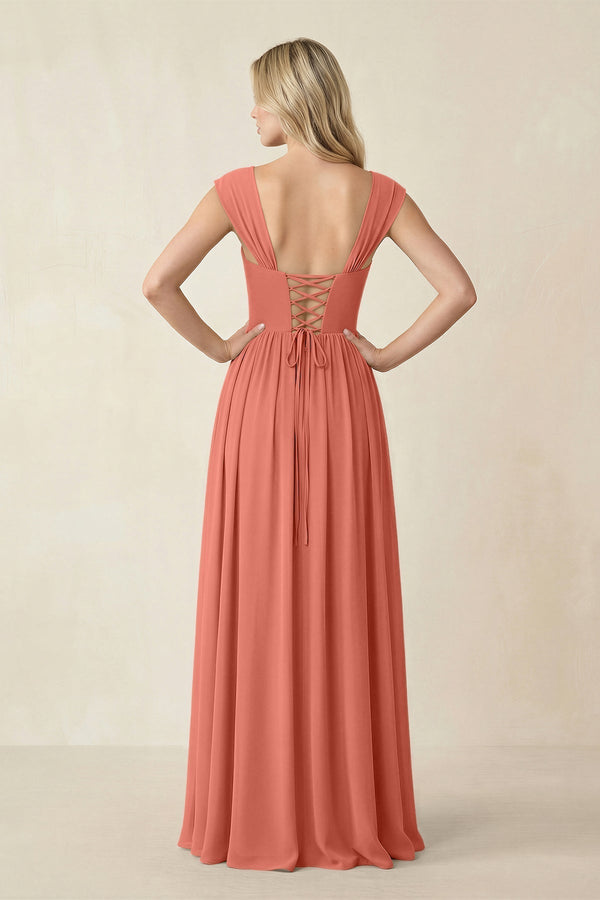 Cap Sleeve Corset A - Line Chiffon Bridesmaid Dress in Wild Rose - KissProm Bridesmaid Dresses