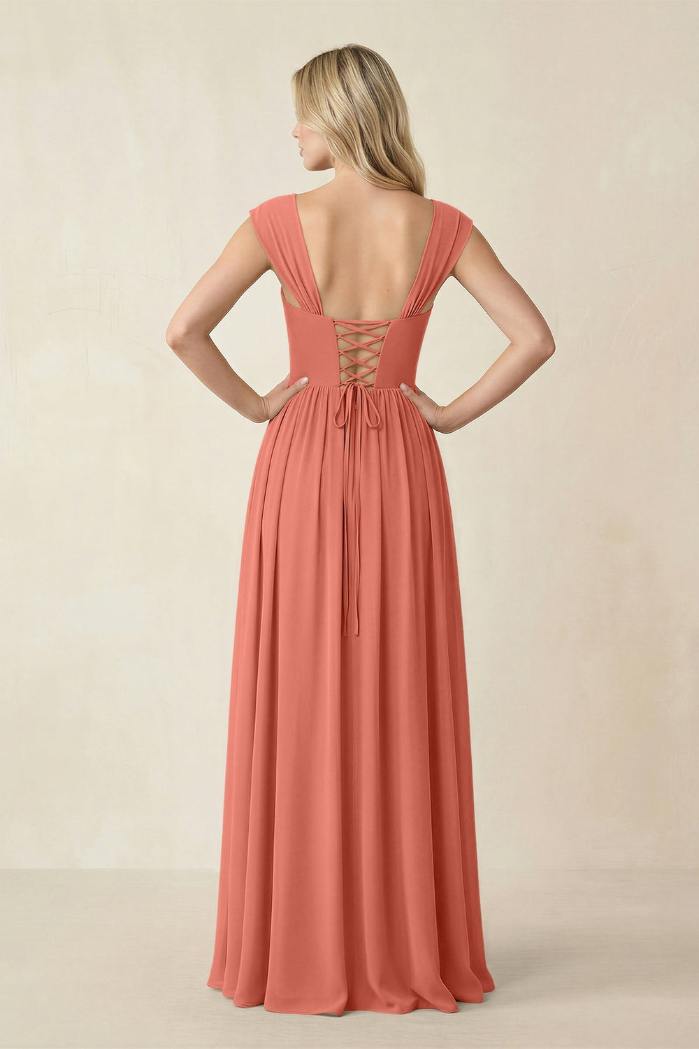 Cap Sleeve Corset A - Line Chiffon Bridesmaid Dress in Wild Rose - KissProm Bridesmaid Dresses