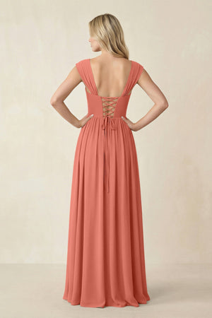 Cap Sleeve Corset A - Line Chiffon Bridesmaid Dress in Wild Rose - KissProm Bridesmaid Dresses