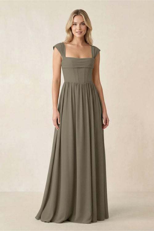 Cap Sleeve Corset A - Line Chiffon Bridesmaid Dress in Willow Green - KissProm Bridesmaid Dresses