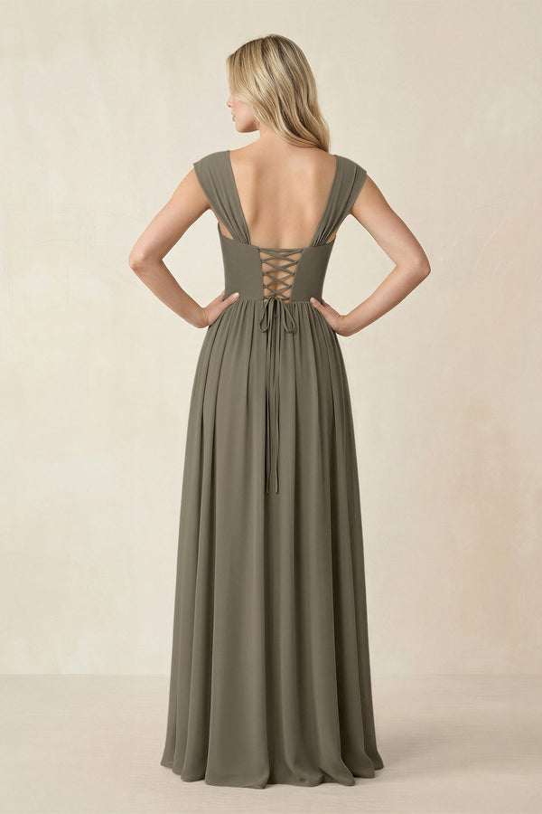 Cap Sleeve Corset A - Line Chiffon Bridesmaid Dress in Willow Green - KissProm Bridesmaid Dresses