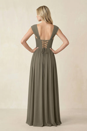 Cap Sleeve Corset A - Line Chiffon Bridesmaid Dress in Willow Green - KissProm Bridesmaid Dresses