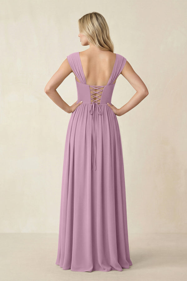 Cap Sleeve Corset A - Line Chiffon Bridesmaid Dress in Wisteria - KissProm Bridesmaid Dresses