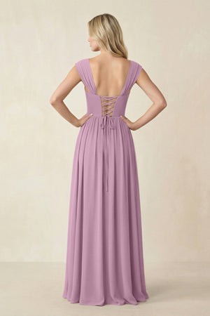Cap Sleeve Corset A - Line Chiffon Bridesmaid Dress in Wisteria - KissProm Bridesmaid Dresses